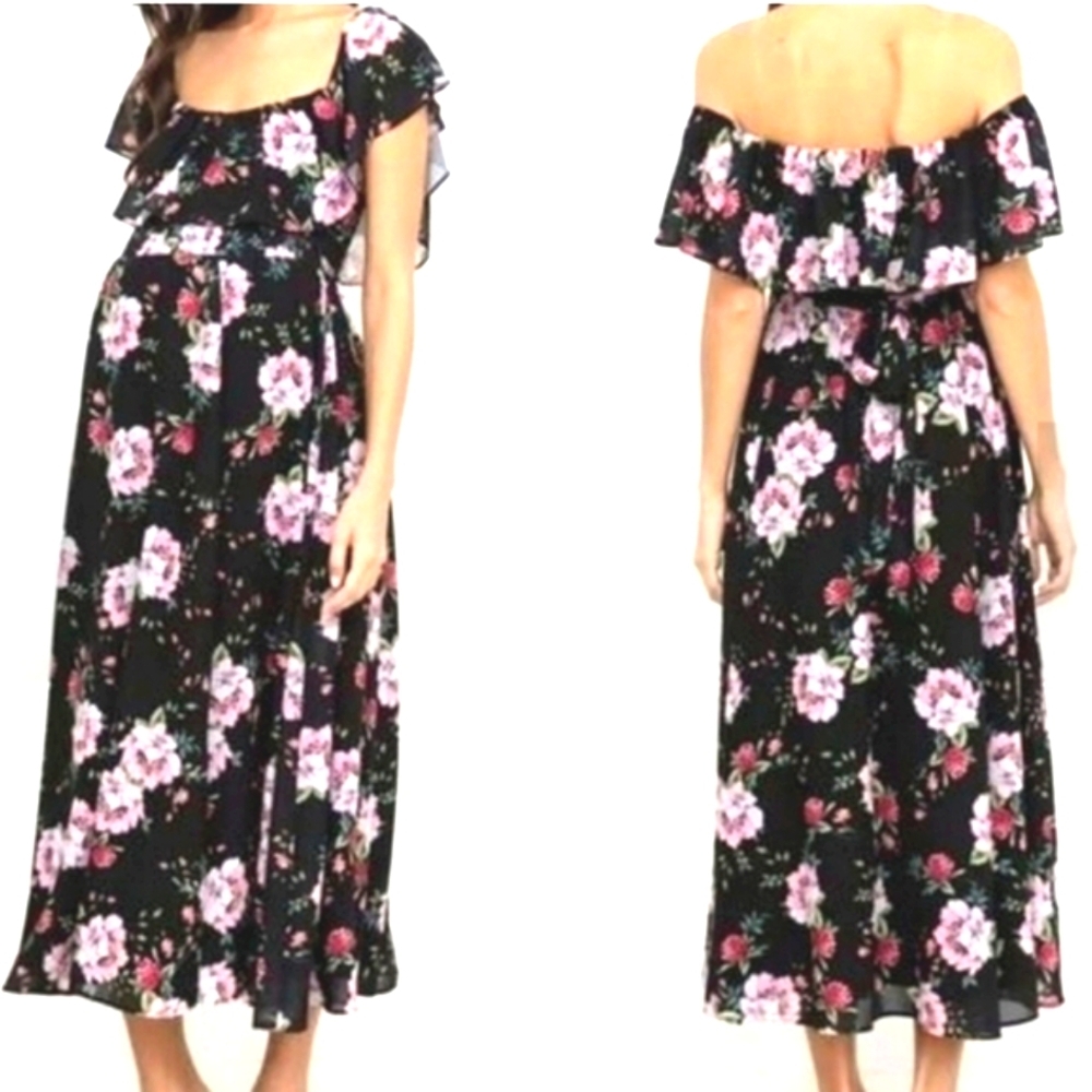 YUMI KIM Chantal Floral Midi Maternity Dress Blk/Pink Off The Shoulder 0/XXS NEW